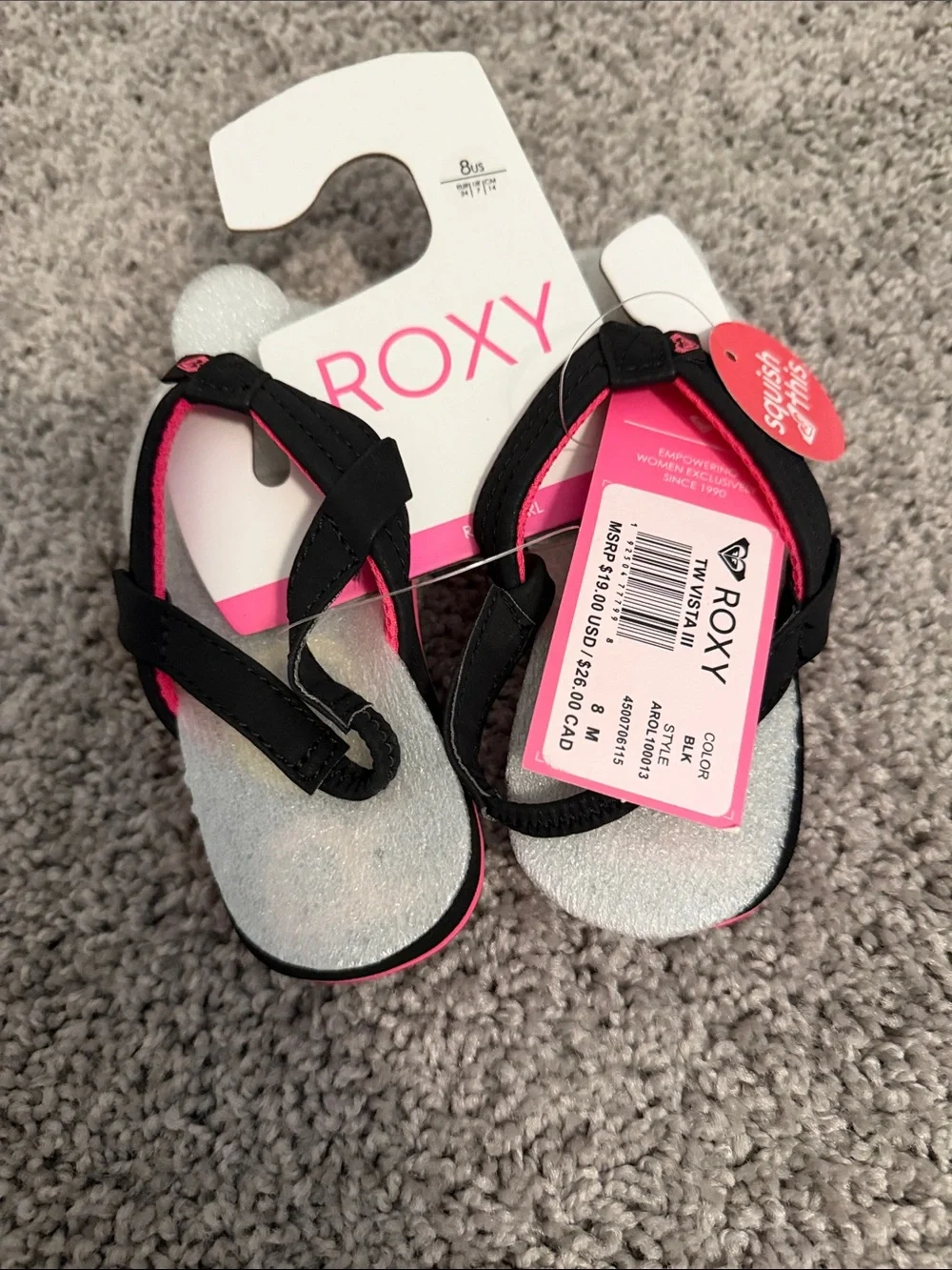 Roxy Kids Black and Hot Pink Glitter Flip-Flops
